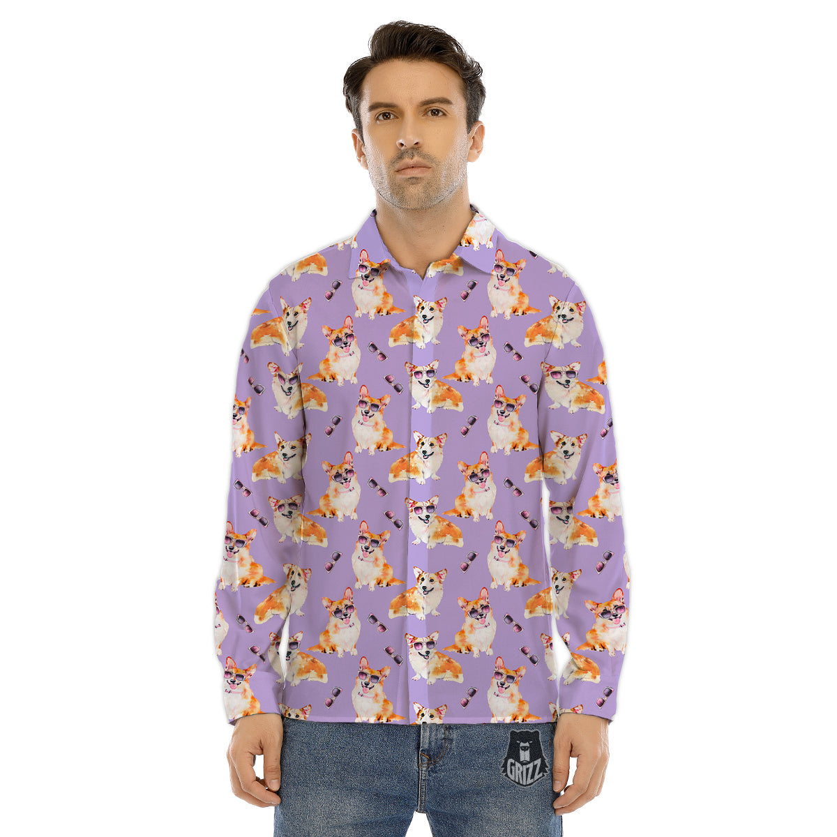 Corgi Watercolor Print Pattern Men's Dress Shirts-grizzshop
