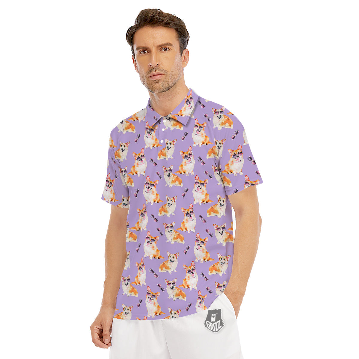 Corgi Watercolor Print Pattern Men's Golf Shirts-grizzshop