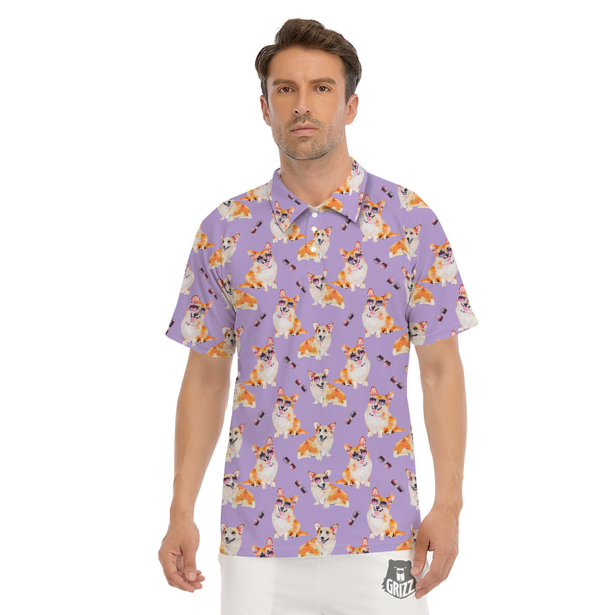 Corgi Watercolor Print Pattern Men's Golf Shirts-grizzshop