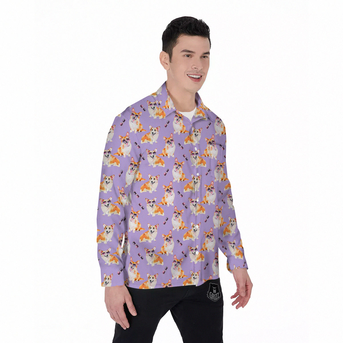 Corgi Watercolor Print Pattern Men's Long Sleeve Shirts-grizzshop