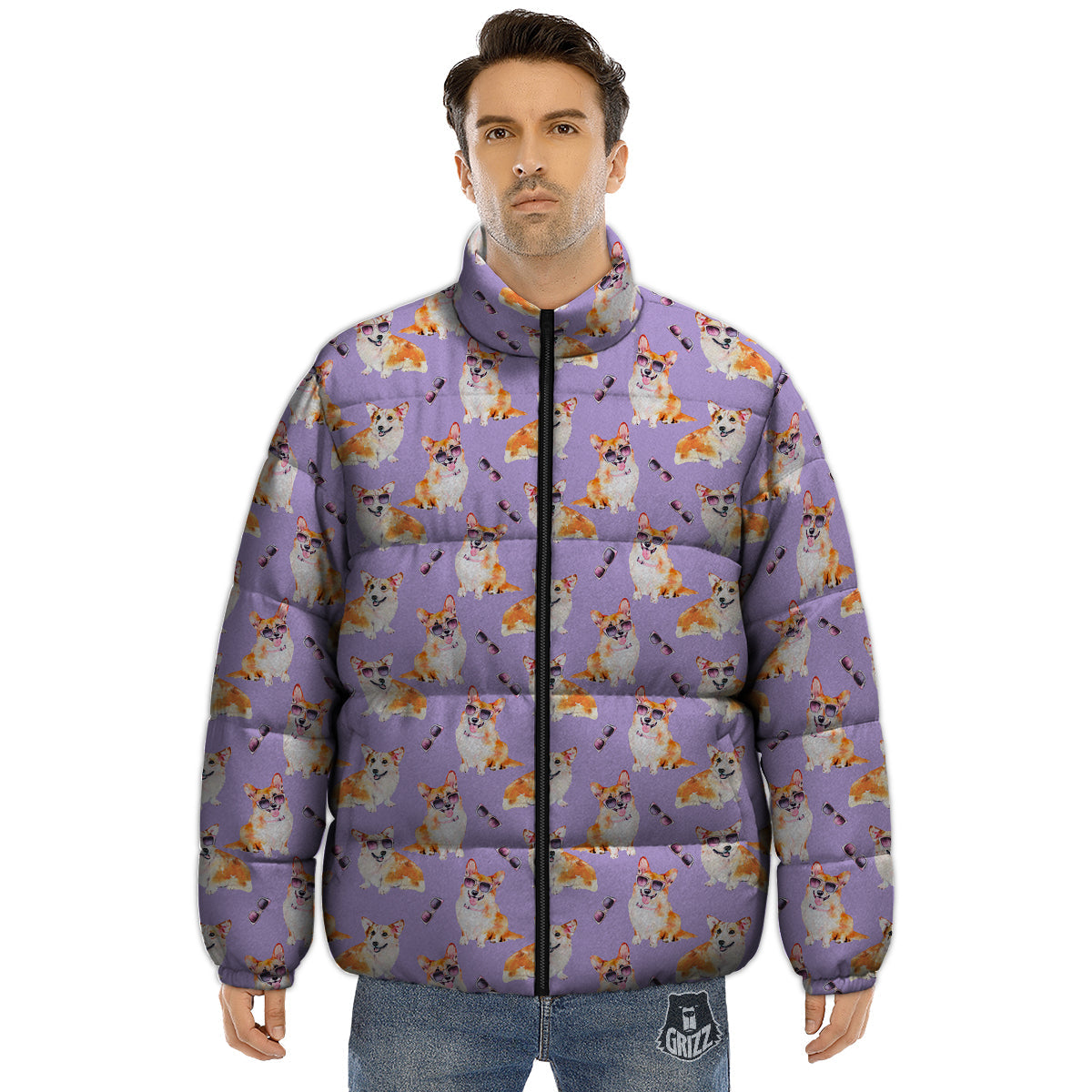 Corgi Watercolor Print Pattern Puffer Jacket-grizzshop