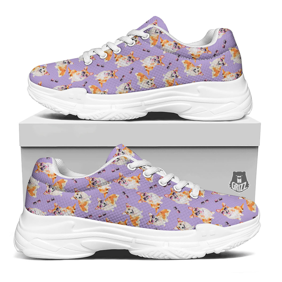 Corgi Watercolor Print Pattern White Chunky Shoes-grizzshop