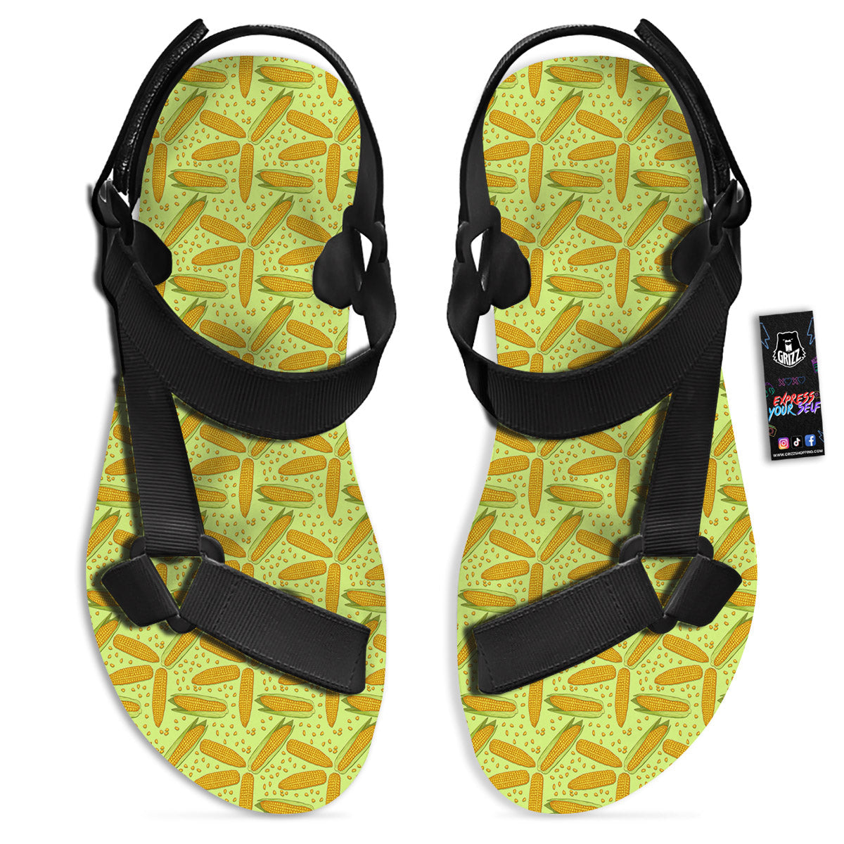 Corn On Cob Print Pattern Black Open Toe Sandals-grizzshop