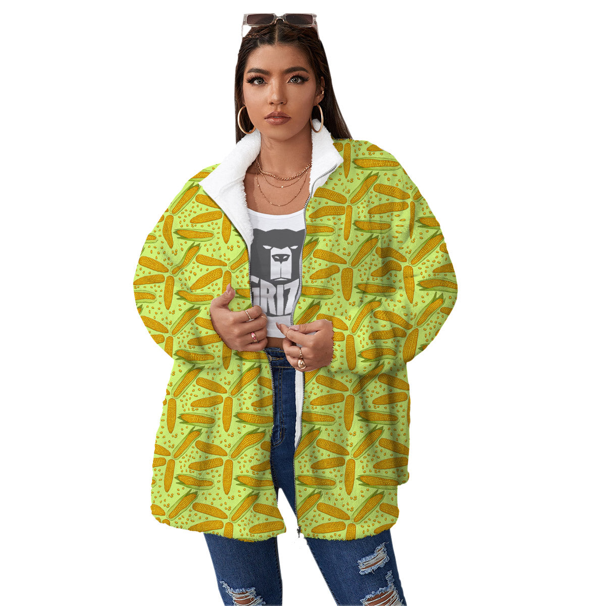 Corn On Cob Print Pattern Women's Sherpa Jacket-grizzshop