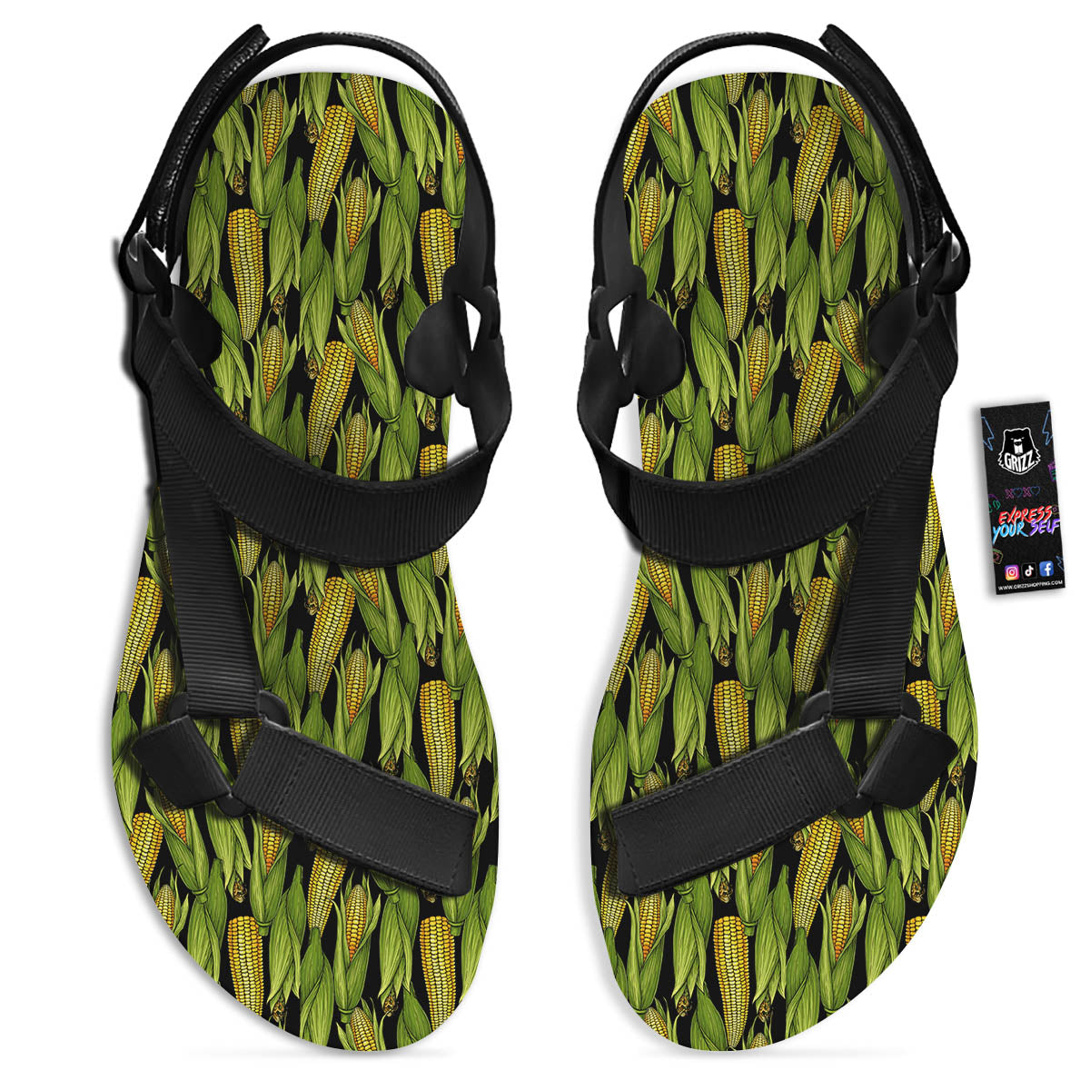 Corn Pattern Print Black Open Toe Sandals-grizzshop