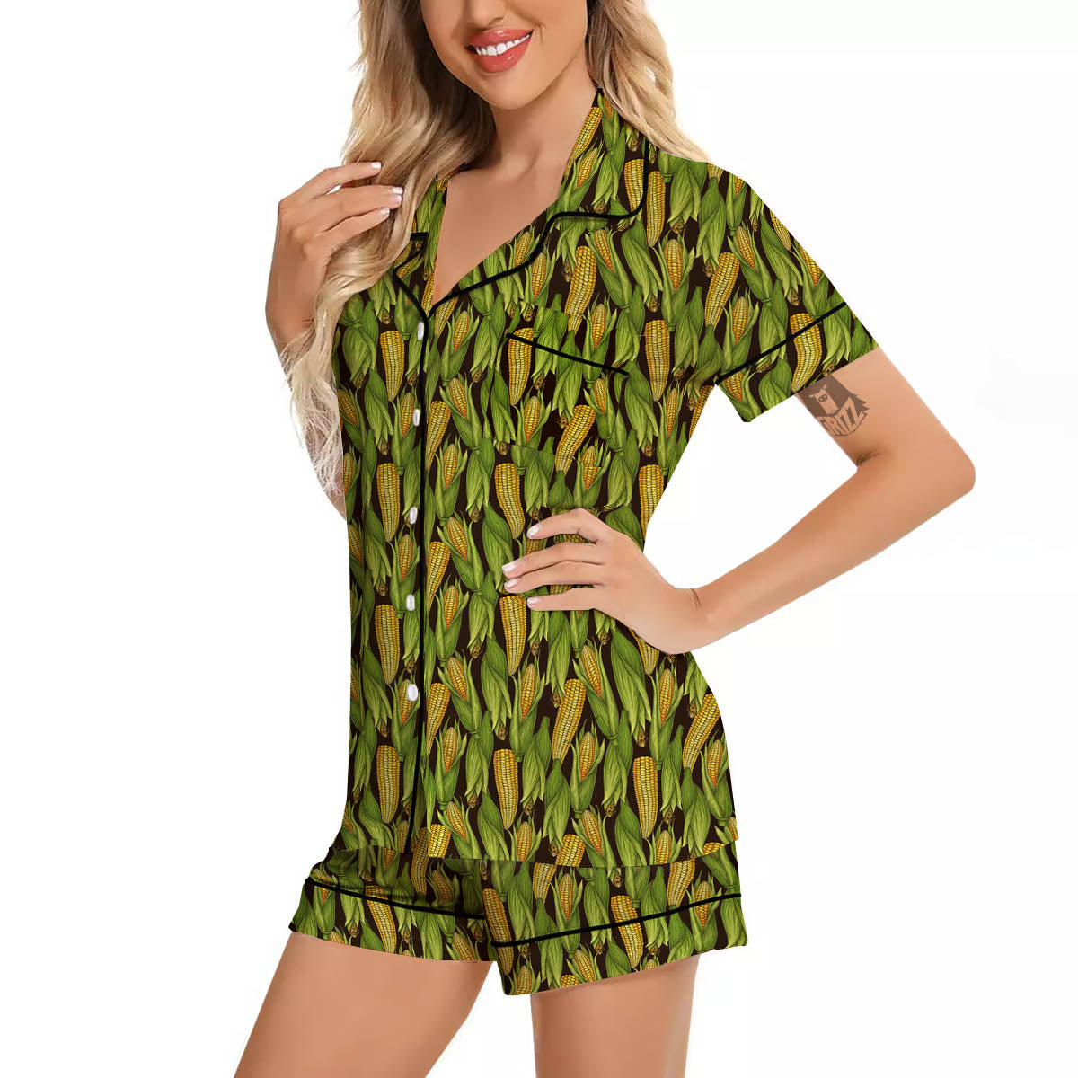 Corn Pattern Print Women Silk Pajamas-grizzshop