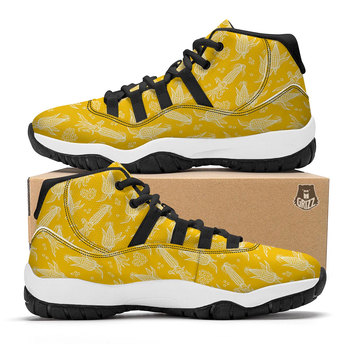 Corn Yellow Pattern Print Black Bball Shoes-grizzshop