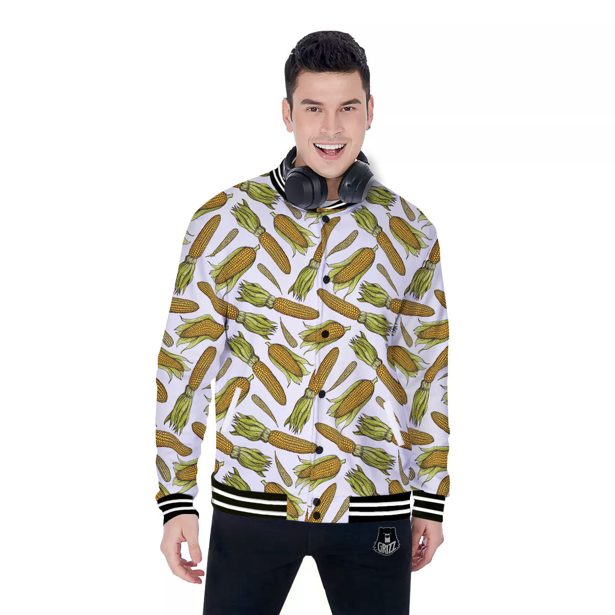 Corncob Hand-Drawn Print Pattern Baseball Jacket-grizzshop