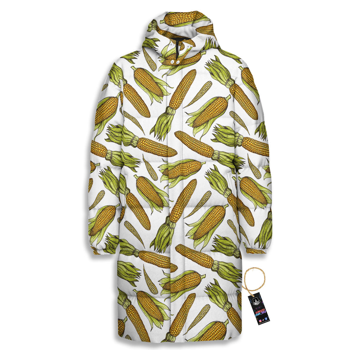 Corncob Hand-Drawn Print Pattern Long Down Jacket-grizzshop