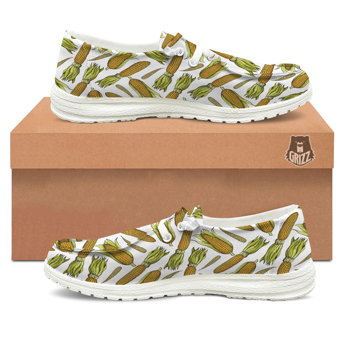 Corncob Hand-Drawn Print Pattern White Loafers-grizzshop