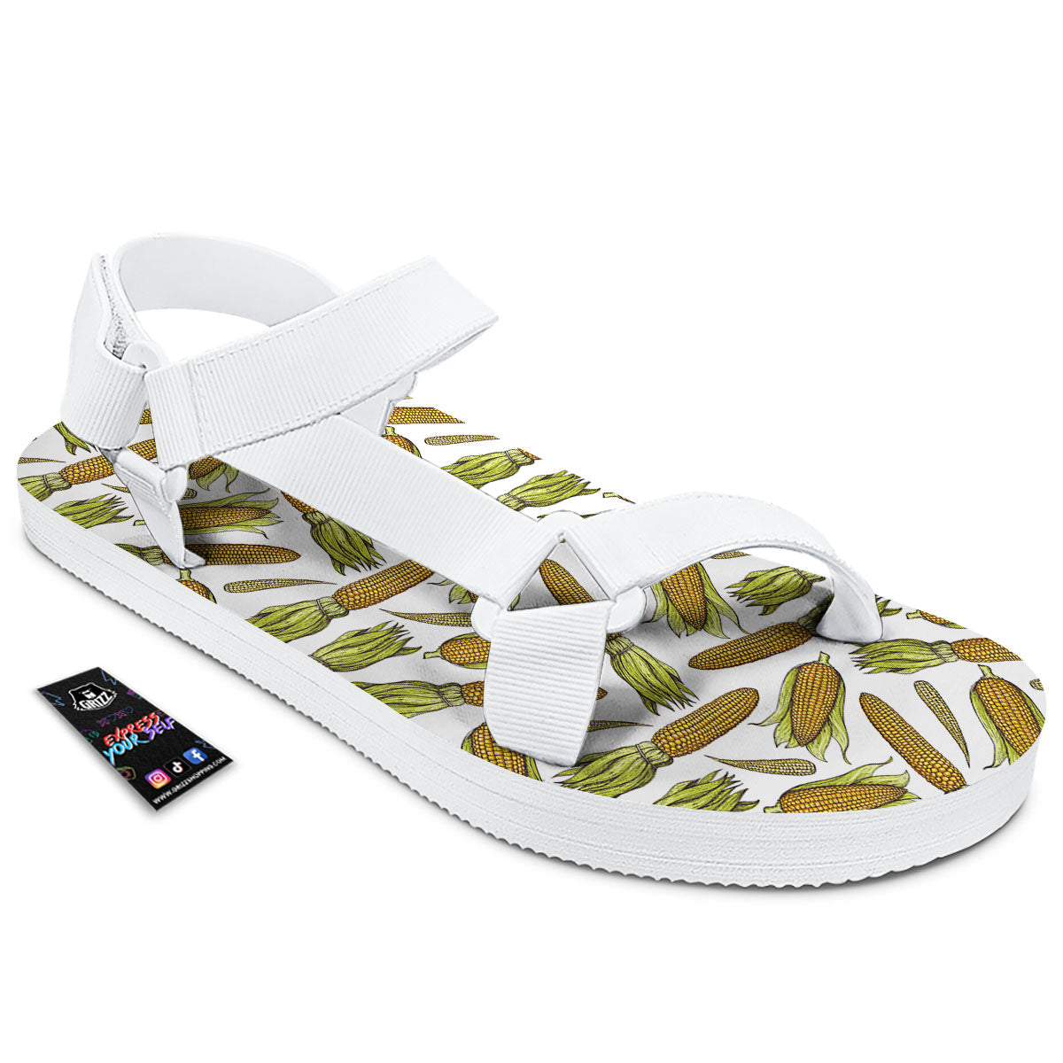 Corncob Hand-Drawn Print Pattern White Open Toe Sandals-grizzshop