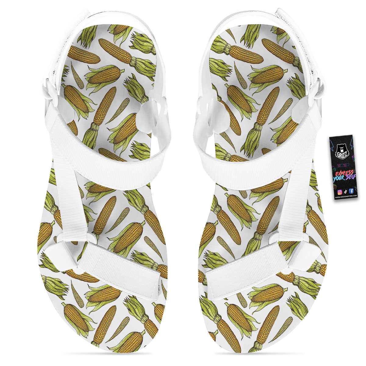 Corncob Hand-Drawn Print Pattern White Open Toe Sandals-grizzshop