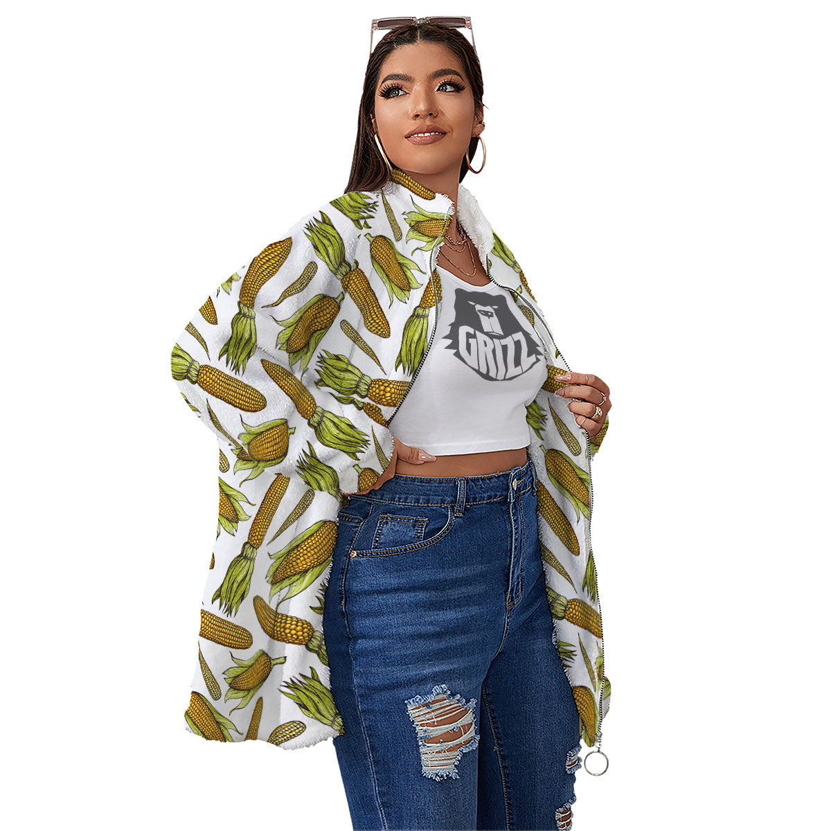 Corncob Hand-Drawn Print Pattern Women's Sherpa Jacket-grizzshop