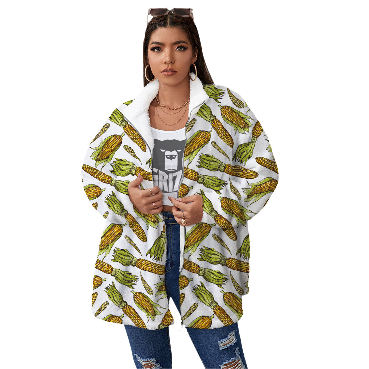 Corncob Hand-Drawn Print Pattern Women's Sherpa Jacket-grizzshop
