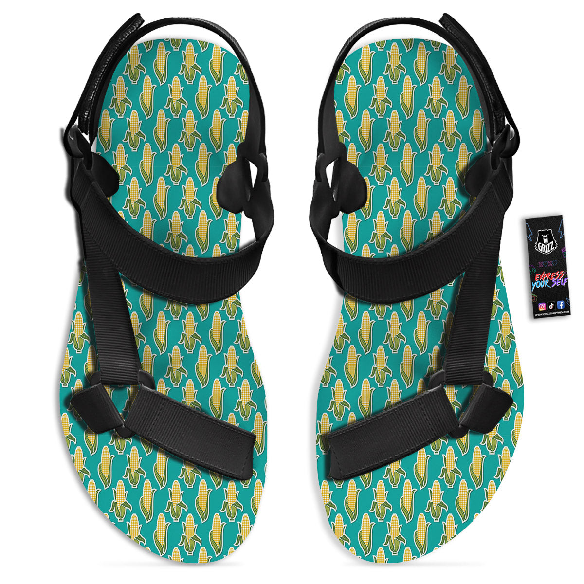 Corncob Print Pattern Black Open Toe Sandals-grizzshop