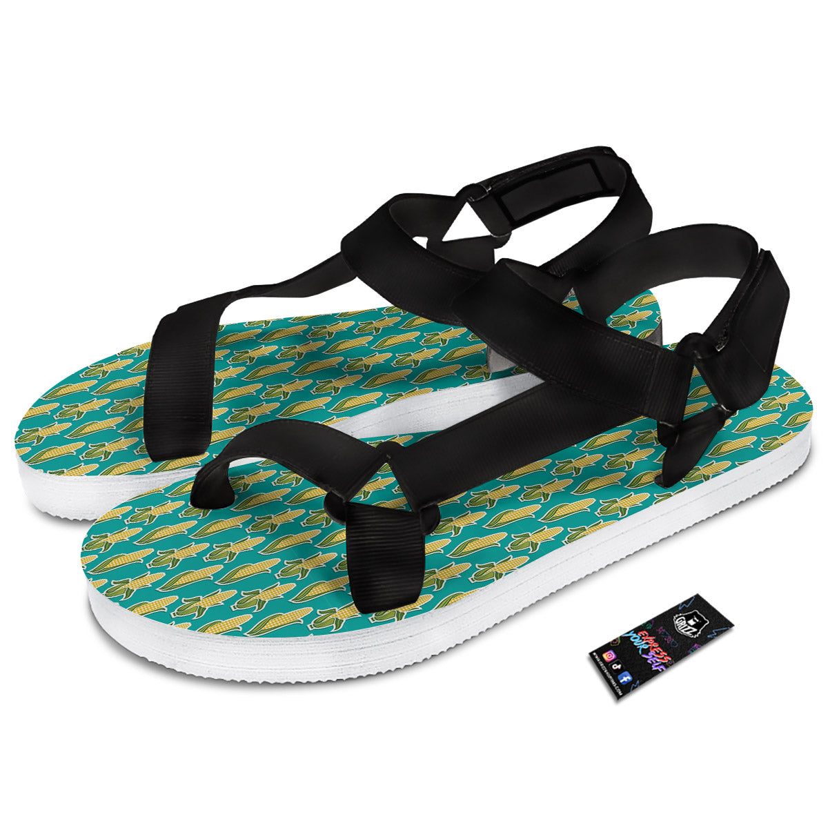 Corncob Print Pattern Black Open Toe Sandals-grizzshop