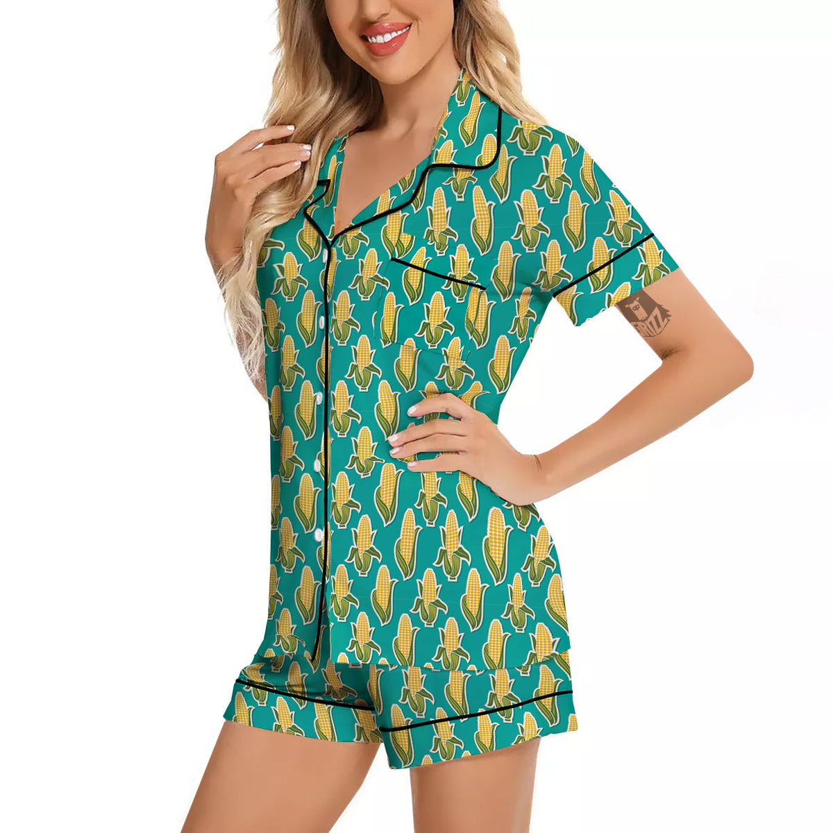 Corncob Print Pattern Women Silk Pajamas-grizzshop