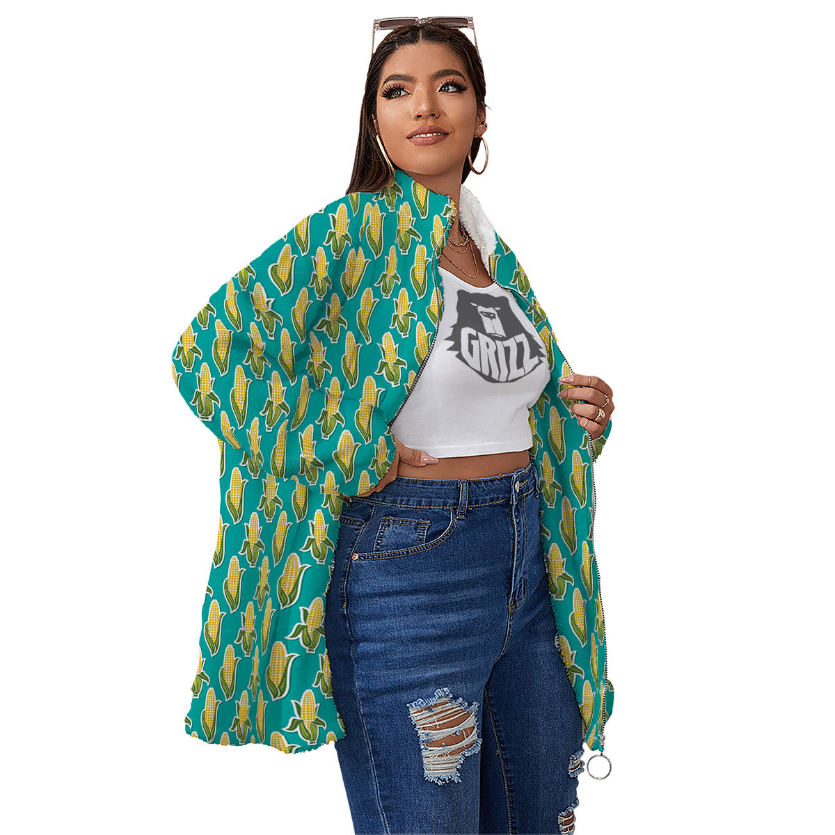 Corncob Print Pattern Women's Sherpa Jacket-grizzshop