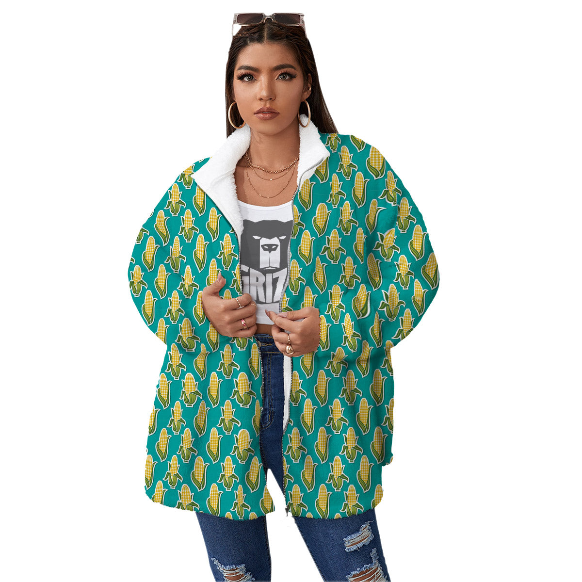 Corncob Print Pattern Women's Sherpa Jacket-grizzshop