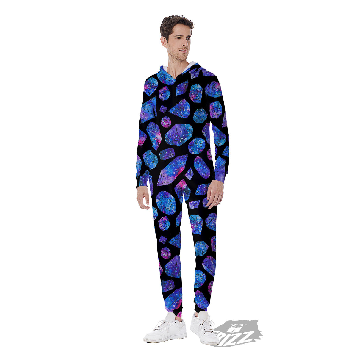 Cosmic Galaxy Space Blue Crystal Print Men's Jumpsuit-grizzshop