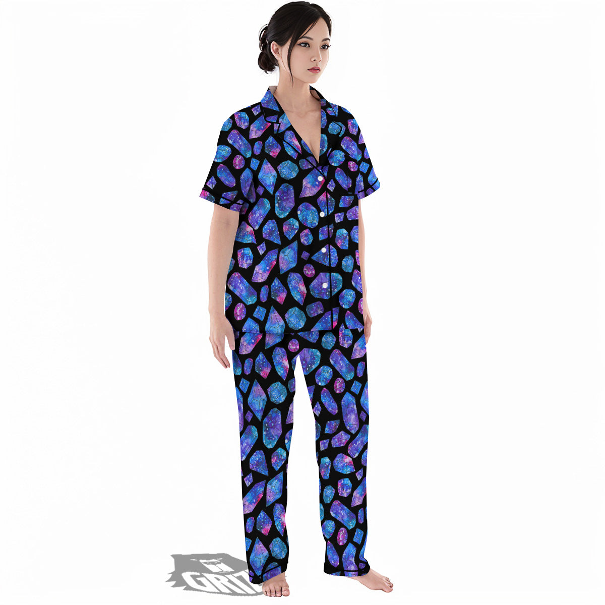 Cosmic Galaxy Space Blue Crystal Print Women's Pajamas Set-grizzshop