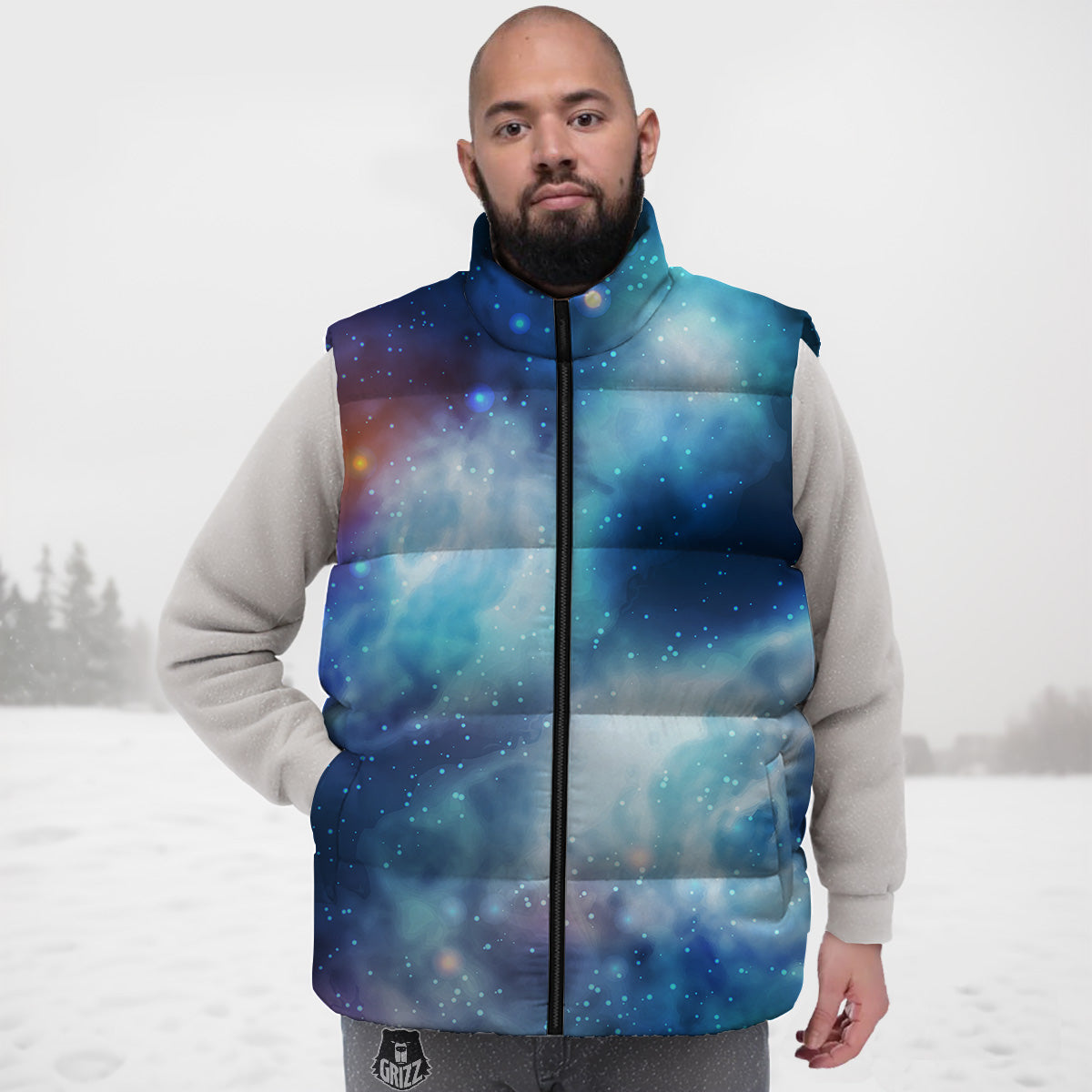 Cosmic Galaxy Space Blue Purple Print Down Vest