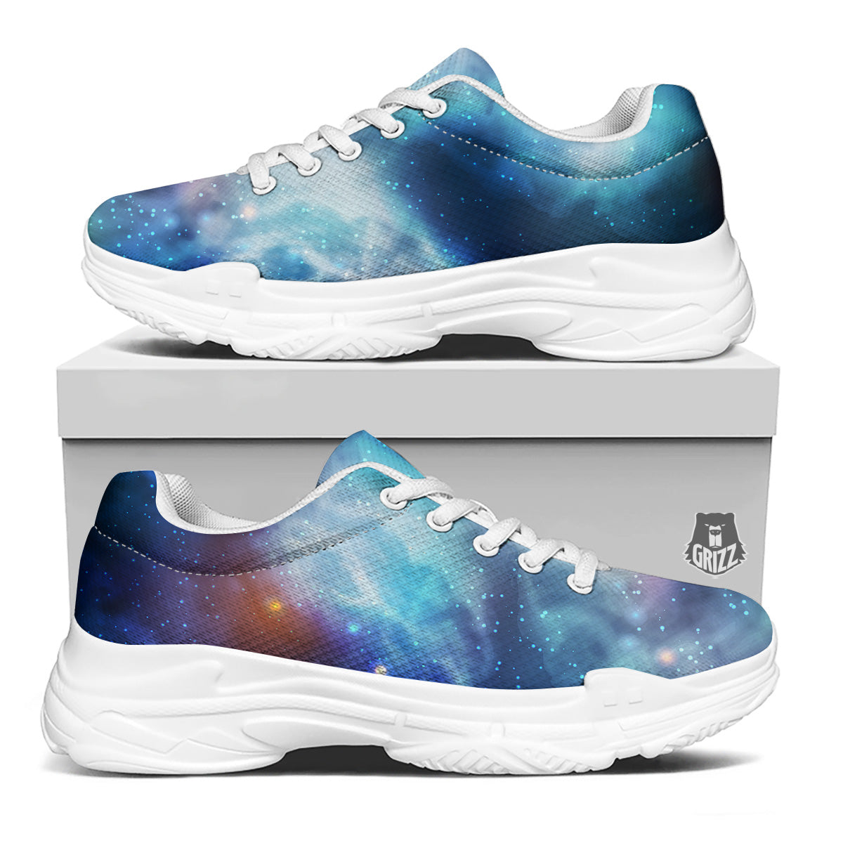 Cosmic Galaxy Space Blue Purple Print White Chunky Shoes-grizzshop