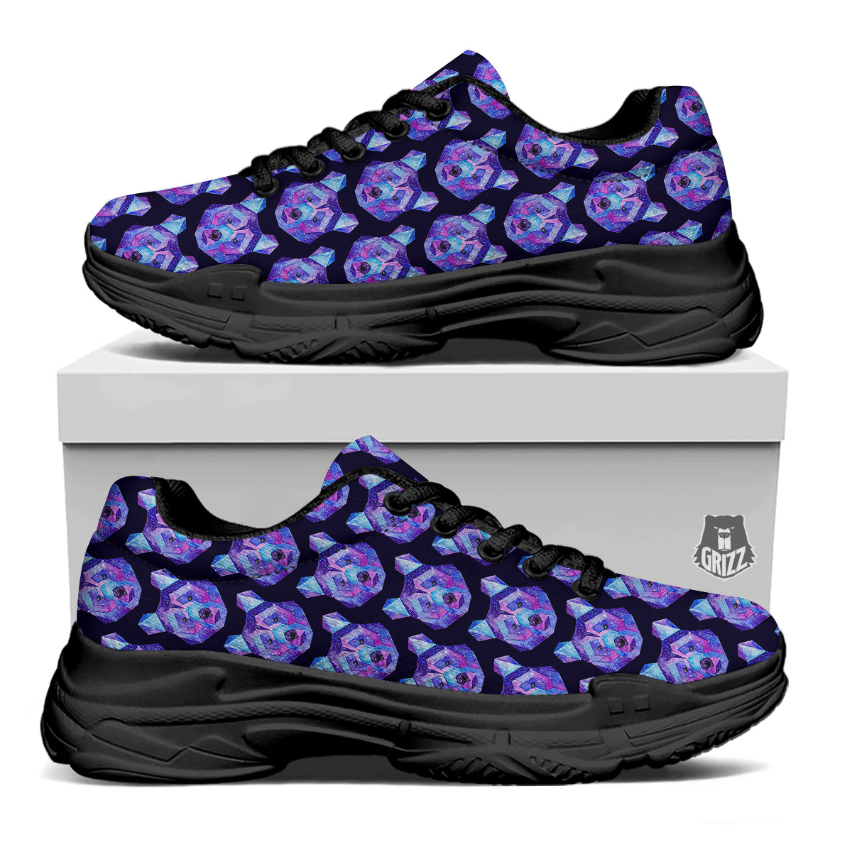 Cosmic Polygonal Bear Print Pattern Black Chunky Shoes-grizzshop