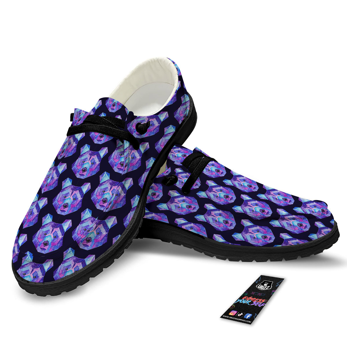 Cosmic Polygonal Bear Print Pattern Black Loafers-grizzshop