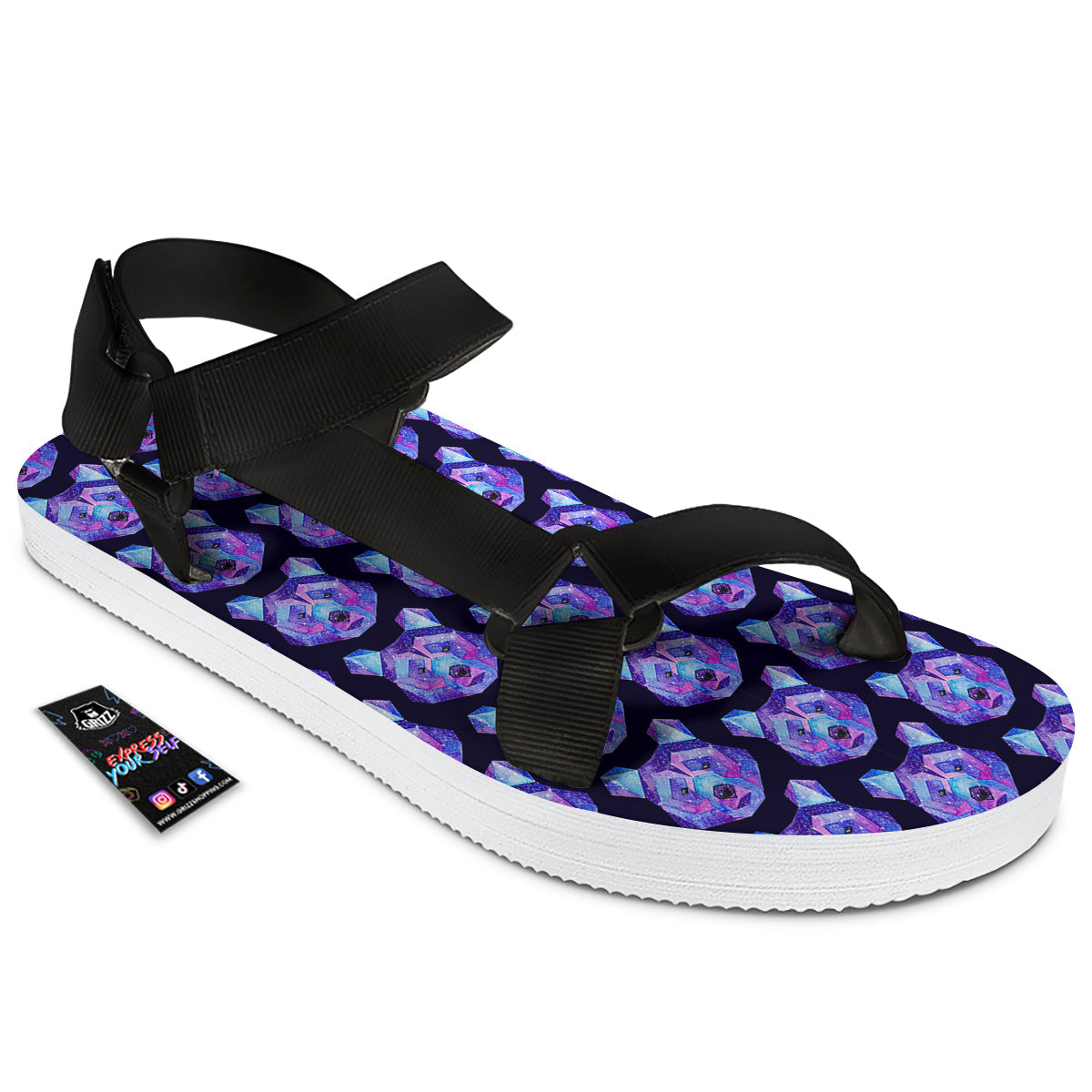 Cosmic Polygonal Bear Print Pattern Black Open Toe Sandals-grizzshop
