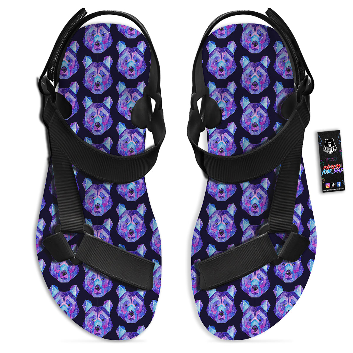 Cosmic Polygonal Bear Print Pattern Black Open Toe Sandals-grizzshop