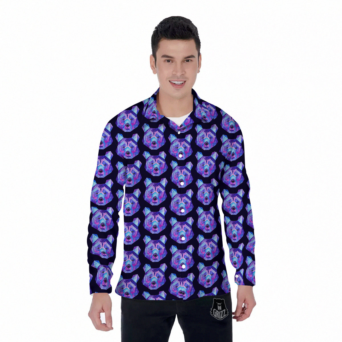 Cosmic Polygonal Bear Print Pattern Men's Long Sleeve Shirts-grizzshop