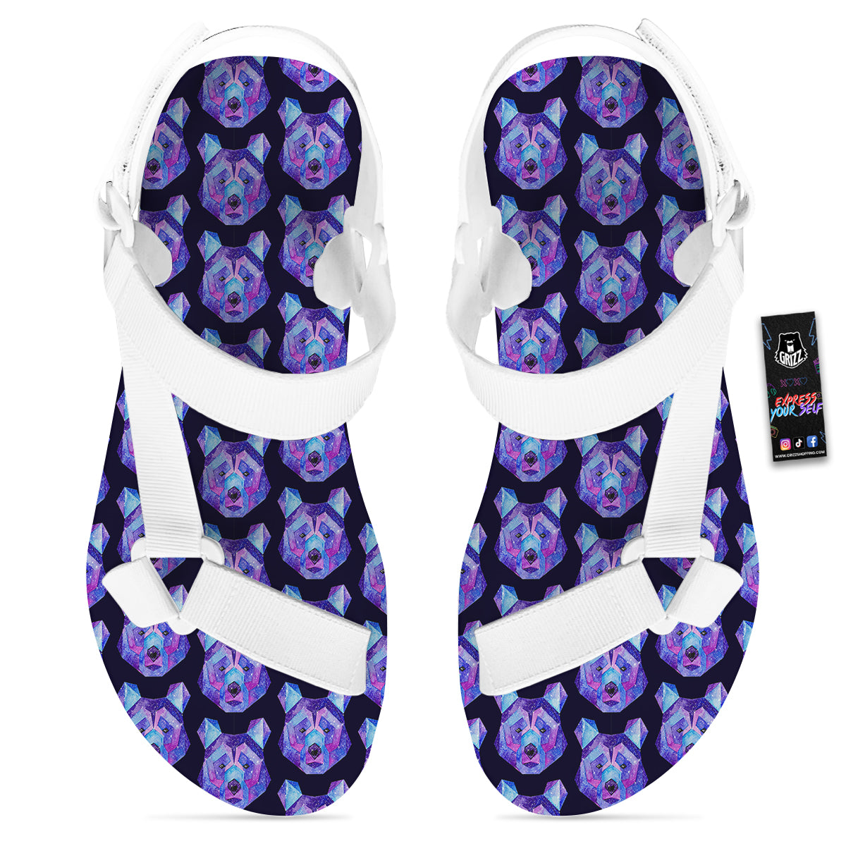Cosmic Polygonal Bear Print Pattern White Open Toe Sandals-grizzshop