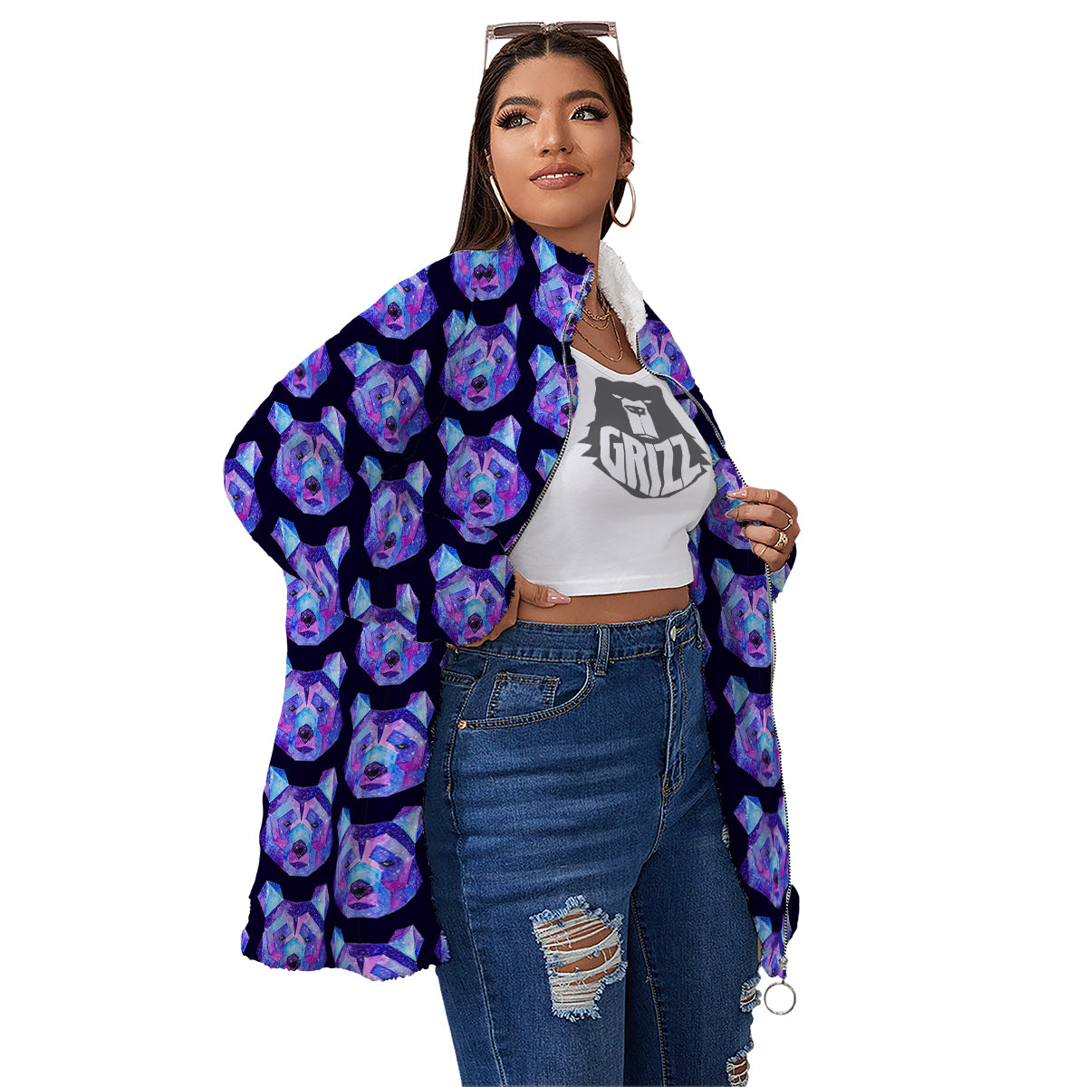 Cosmic Polygonal Bear Print Pattern Women's Sherpa Jacket-grizzshop