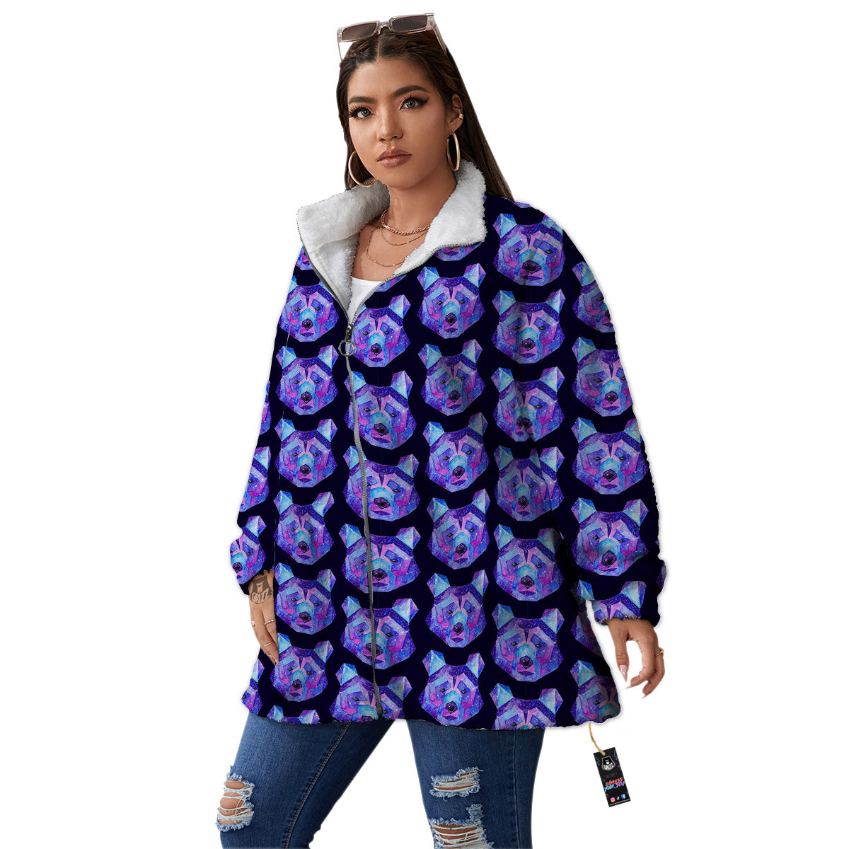 Cosmic Polygonal Bear Print Pattern Women's Sherpa Jacket-grizzshop