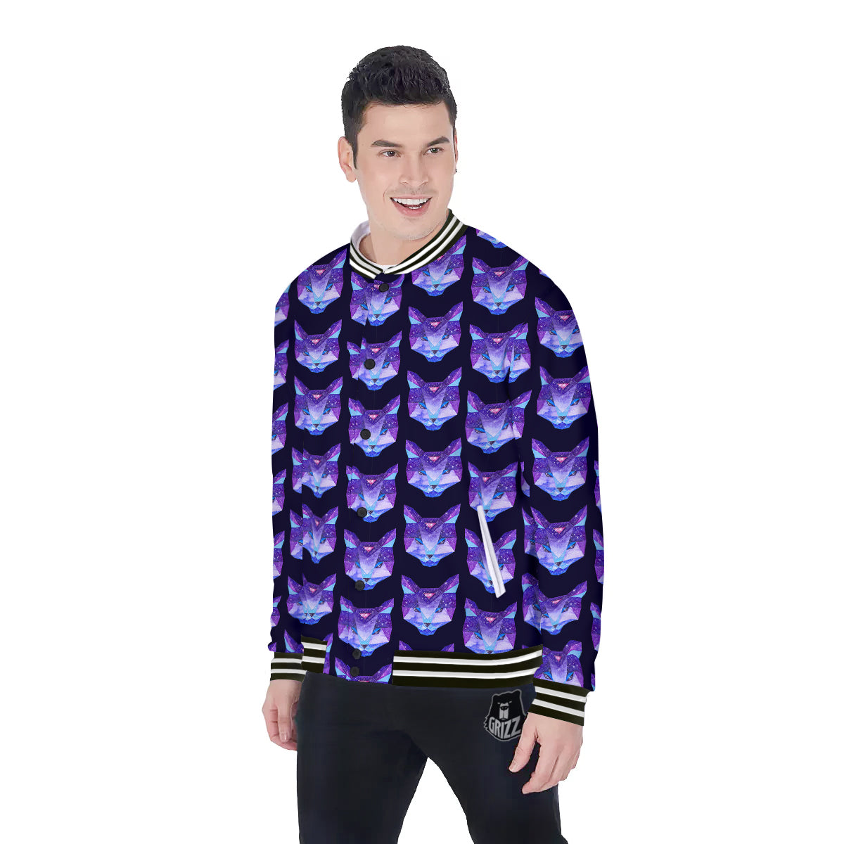 Cosmic Polygonal Cat Print Pattern Baseball Jacket-grizzshop