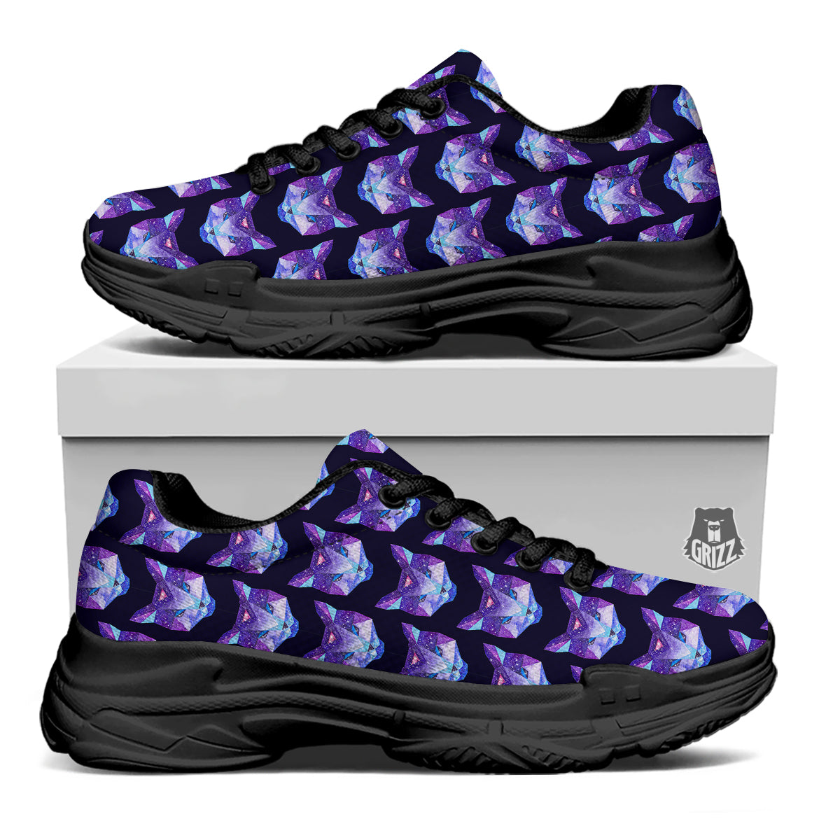 Cosmic Polygonal Cat Print Pattern Black Chunky Shoes-grizzshop