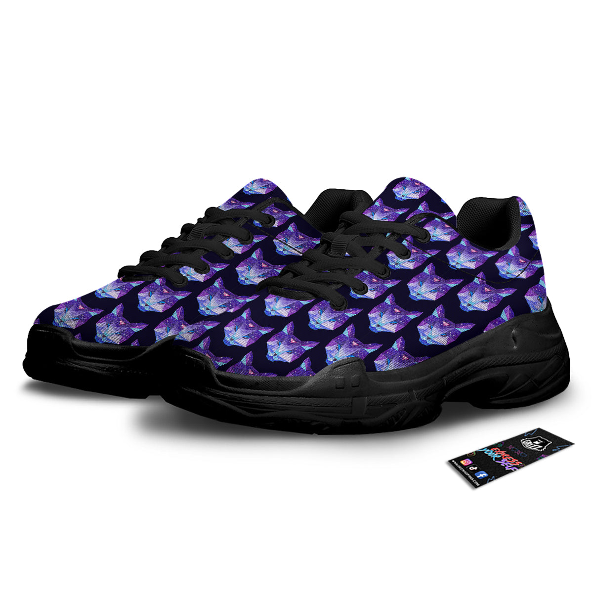 Cosmic Polygonal Cat Print Pattern Black Chunky Shoes-grizzshop