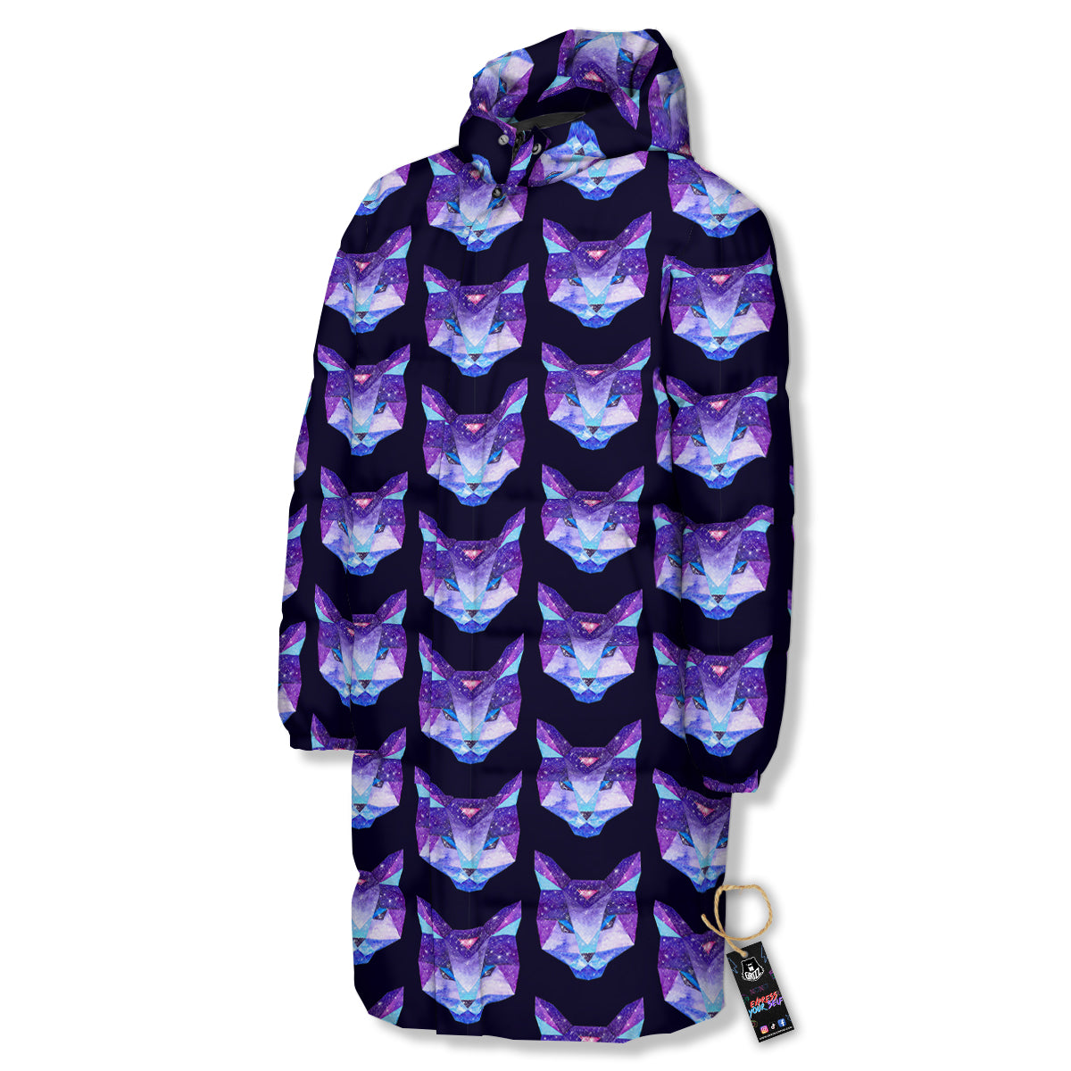 Cosmic Polygonal Cat Print Pattern Long Down Jacket-grizzshop