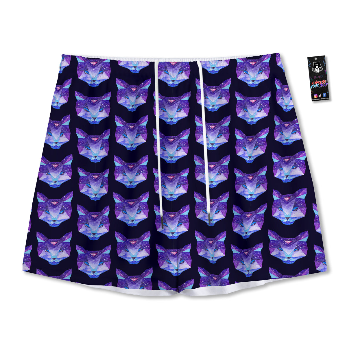 Cosmic Polygonal Cat Print Pattern Mesh Shorts-grizzshop
