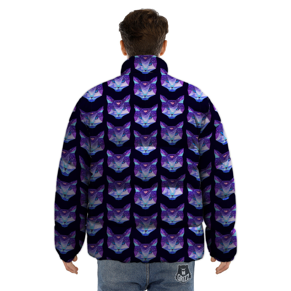 Cosmic Polygonal Cat Print Pattern Puffer Jacket-grizzshop