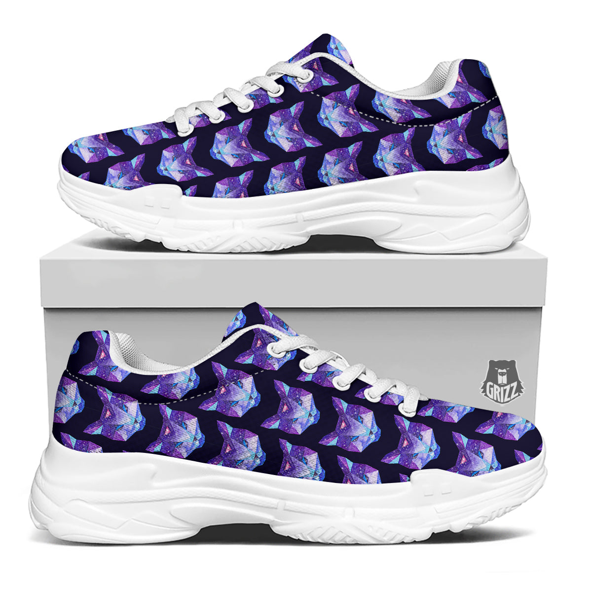 Cosmic Polygonal Cat Print Pattern White Chunky Shoes-grizzshop