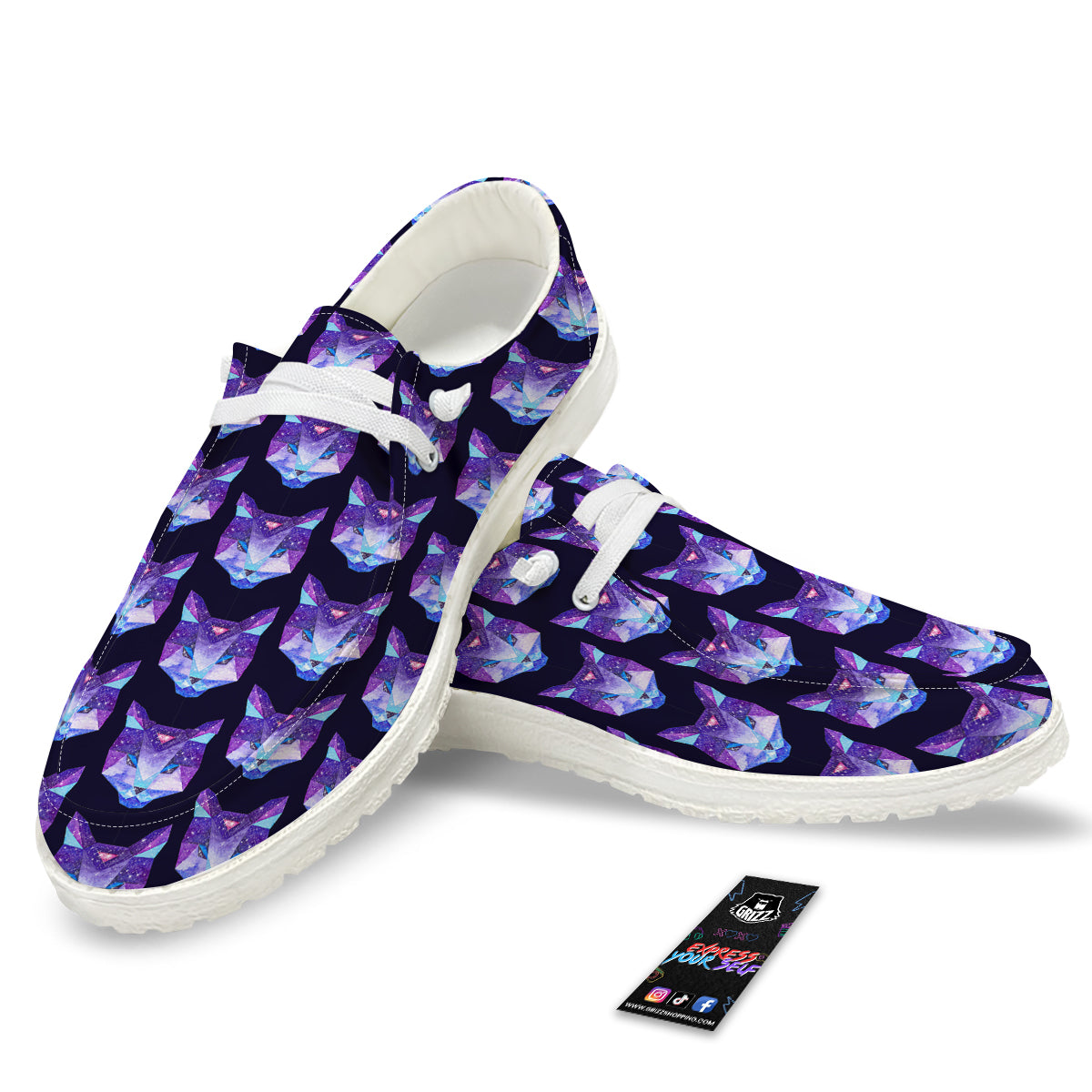 Cosmic Polygonal Cat Print Pattern White Loafers-grizzshop