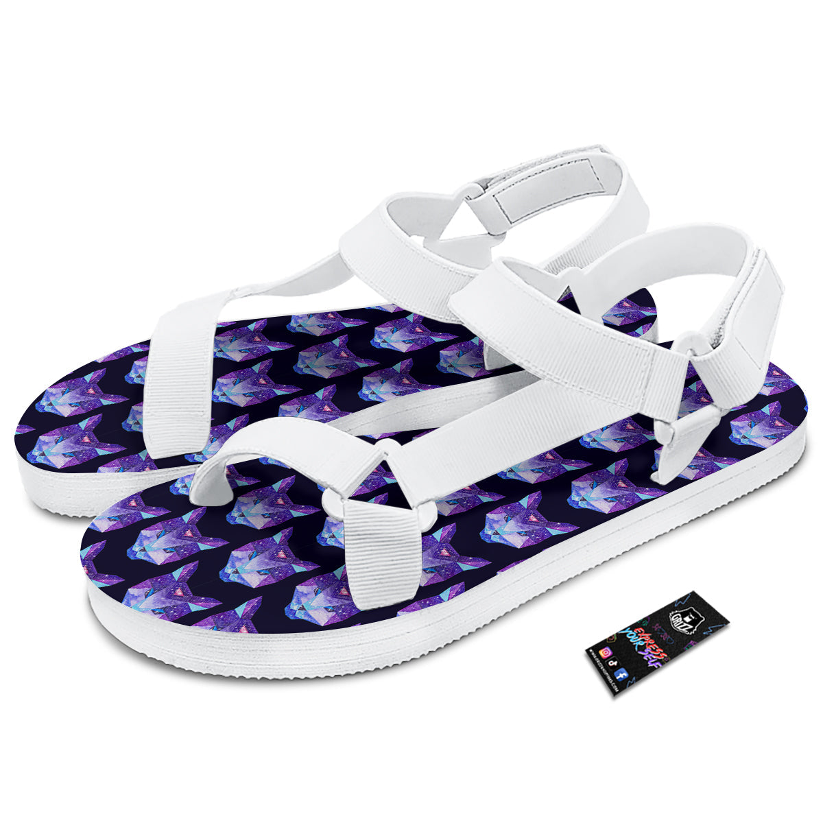 Cosmic Polygonal Cat Print Pattern White Open Toe Sandals-grizzshop