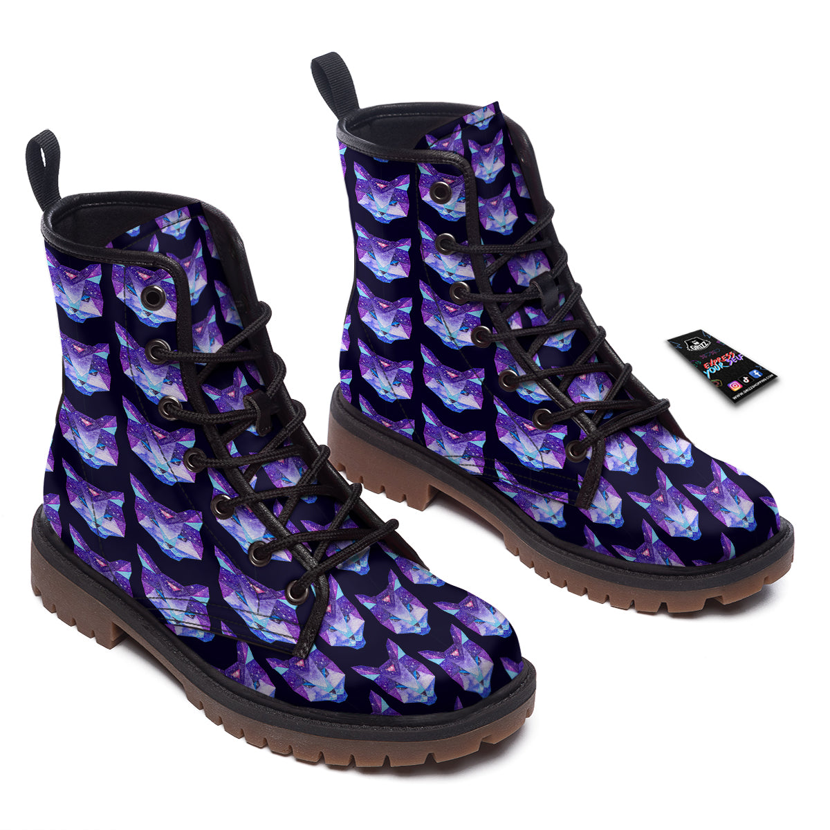 Cosmic Polygonal Cat Print Pattern Work Boots-grizzshop