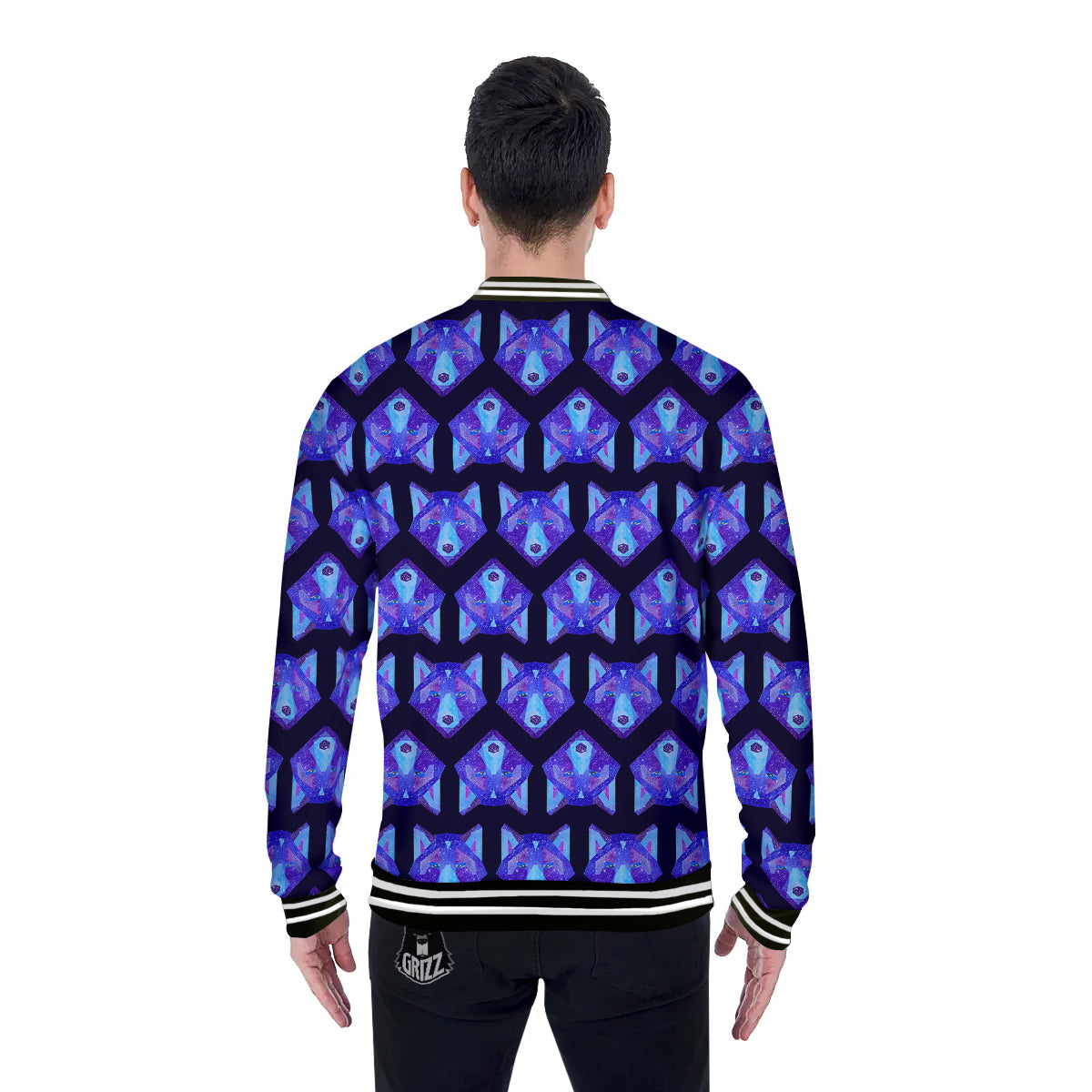 Cosmic Polygonal Wolf Print Pattern Baseball Jacket-grizzshop