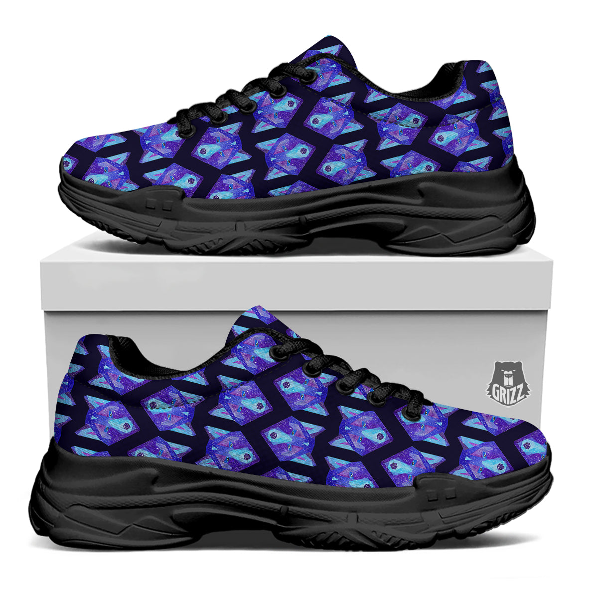 Cosmic Polygonal Wolf Print Pattern Black Chunky Shoes-grizzshop