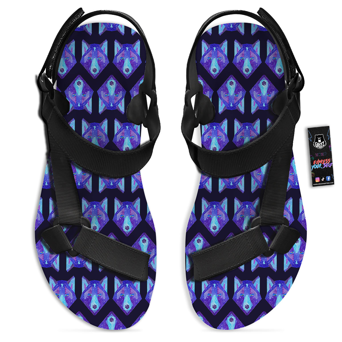 Cosmic Polygonal Wolf Print Pattern Black Open Toe Sandals-grizzshop