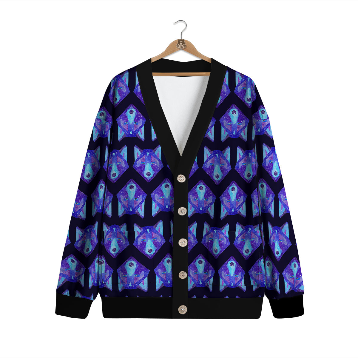 Cosmic Polygonal Wolf Print Pattern Cardigan-grizzshop