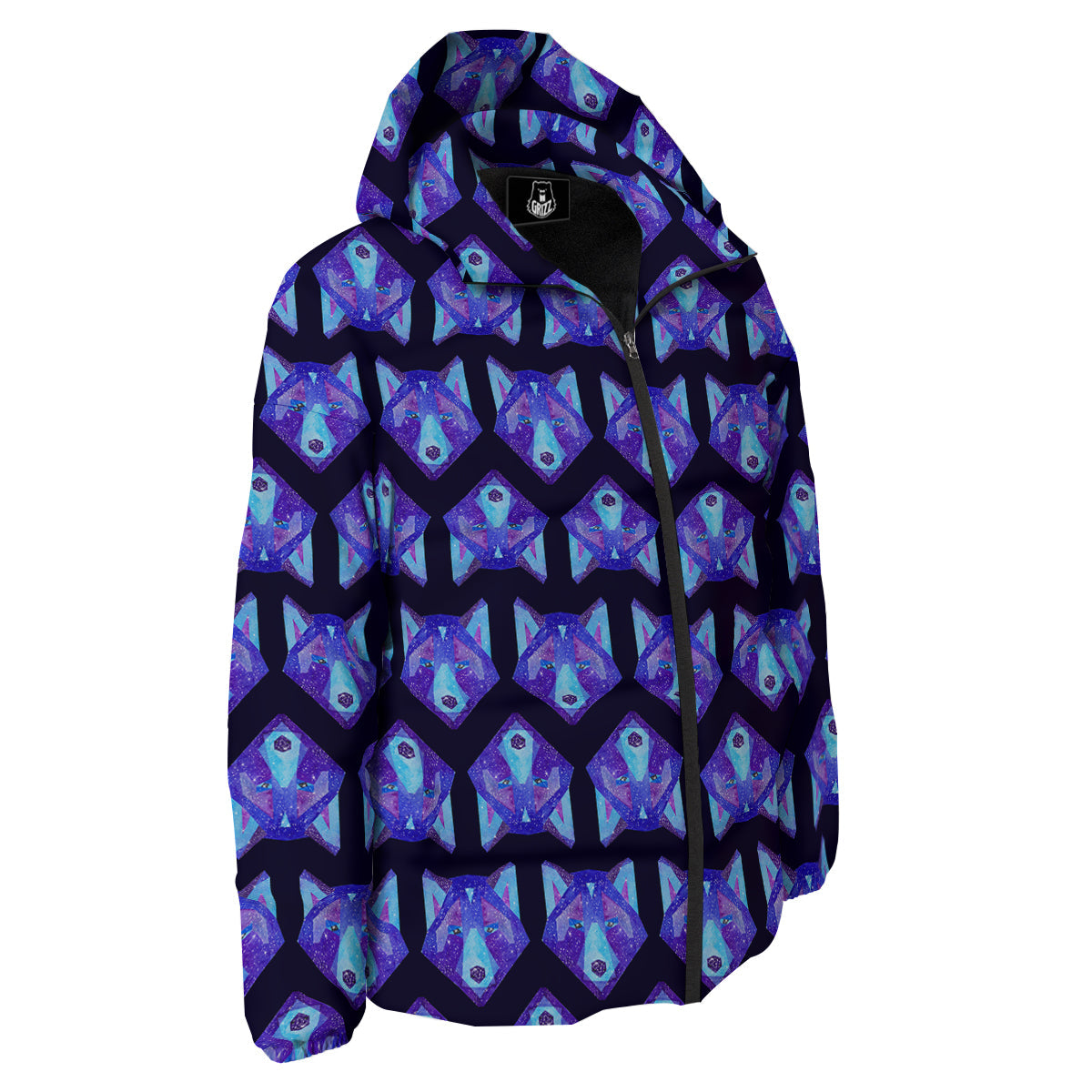 Cosmic Polygonal Wolf Print Pattern Down Jacket-grizzshop